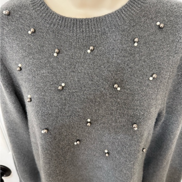 Ann Taylor Factory Pearl Rhinestone Embellished Gray Sweater Petite LP Soft Knit - Picture 5 of 10